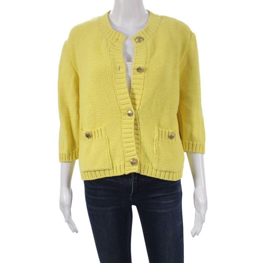 Zara Womens Cardigan Yellow 3/4 Sleeve Round Neck Cotton Size L